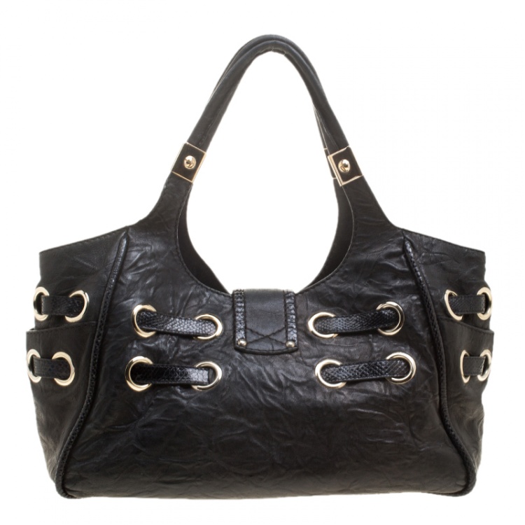 Pre Owned Jimmy Choo Black Glazed Crinkled Leather Riki Tote