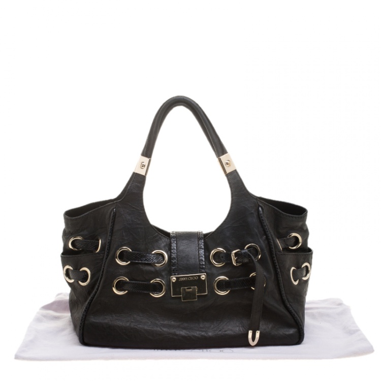 Pre Owned Jimmy Choo Black Glazed Crinkled Leather Riki Tote