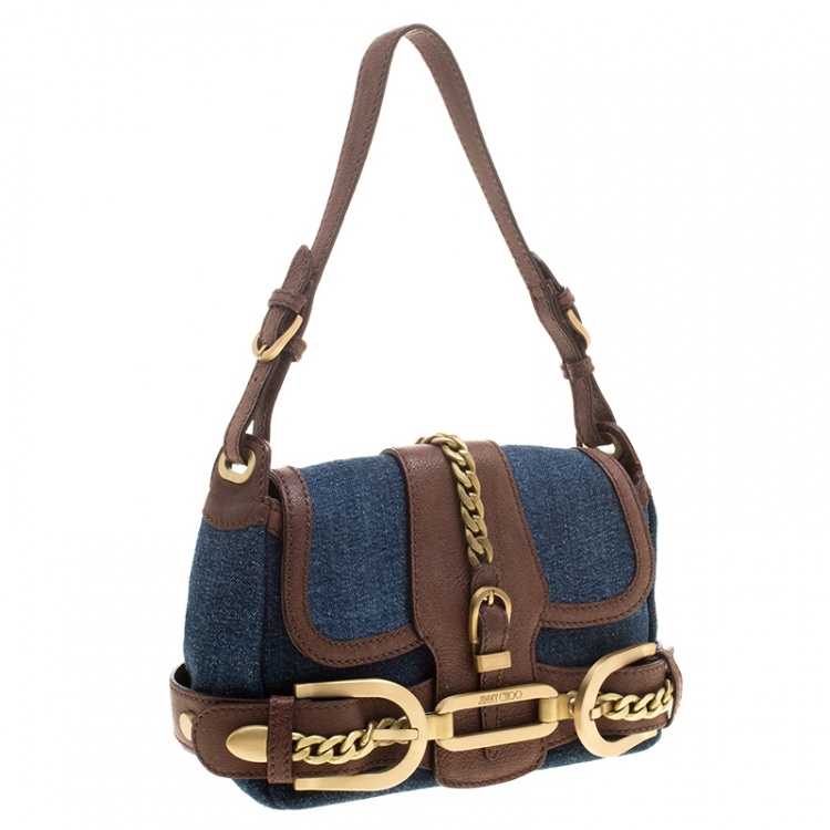 Pre Owned Jimmy Choo Blue/Brown Denim and Leather Shoulder Bag