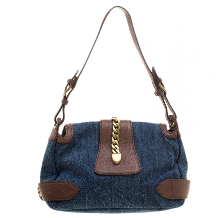Pre Owned Jimmy Choo Blue/Brown Denim and Leather Shoulder Bag