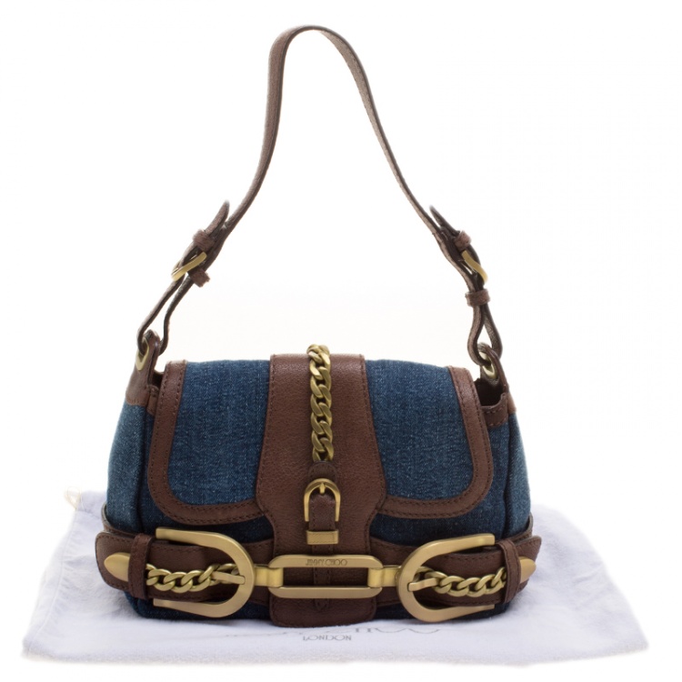 Pre Owned Jimmy Choo Blue/Brown Denim and Leather Shoulder Bag