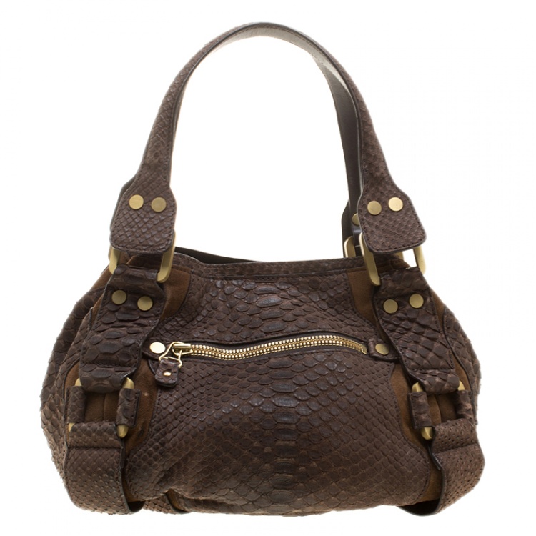 Pre Owned Jimmy Choo Brown Python and Suede Mahala Satchel
