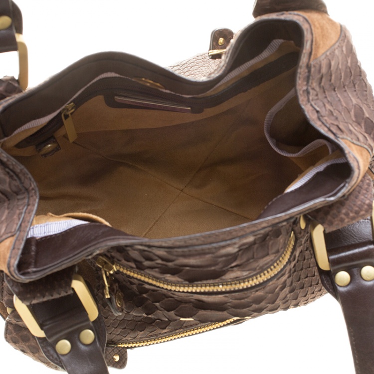 Pre Owned Jimmy Choo Brown Python and Suede Mahala Satchel