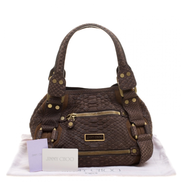 Pre Owned Jimmy Choo Brown Python and Suede Mahala Satchel