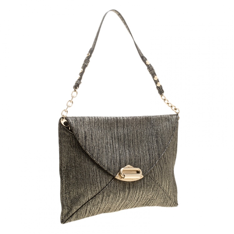 Pre Owned Jimmy Choo Mettalic Shimmering Canvas Envelope Chain Clutch