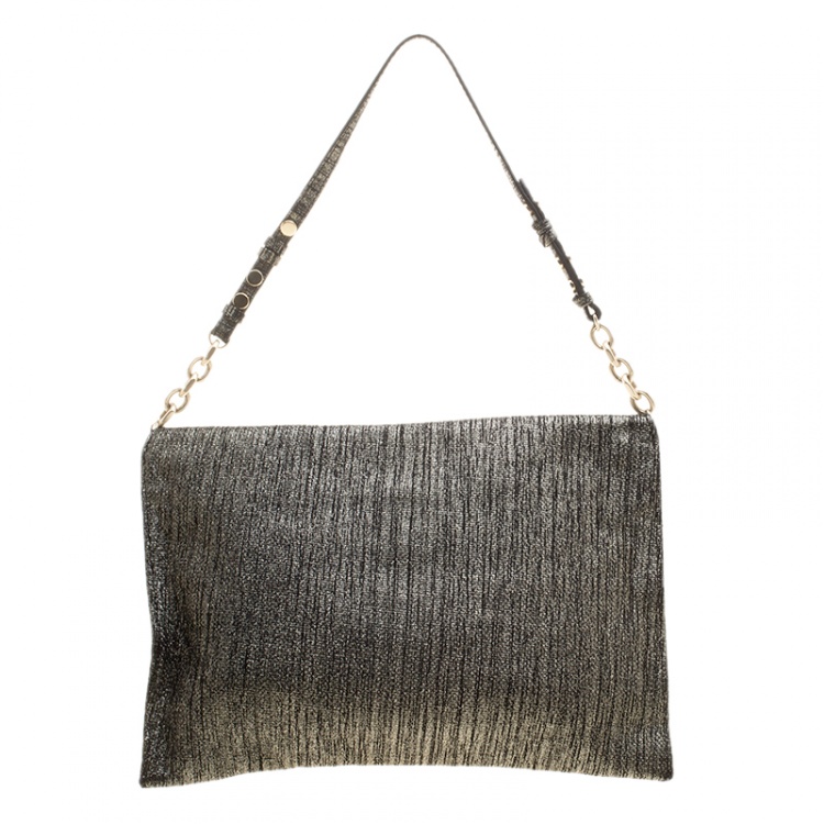 Pre Owned Jimmy Choo Mettalic Shimmering Canvas Envelope Chain Clutch
