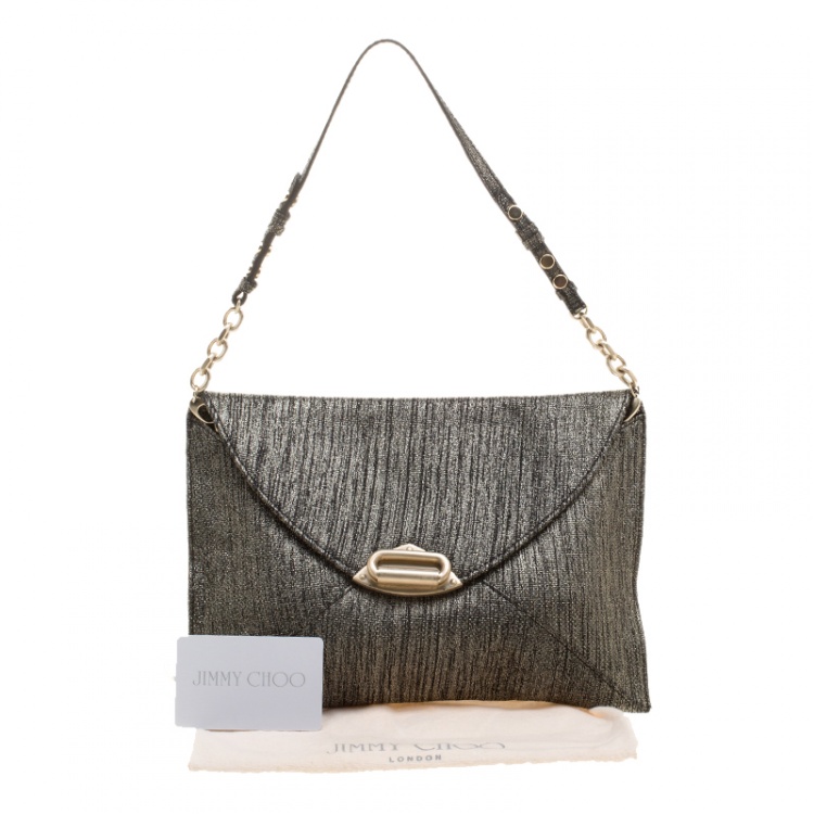 Pre Owned Jimmy Choo Mettalic Shimmering Canvas Envelope Chain Clutch