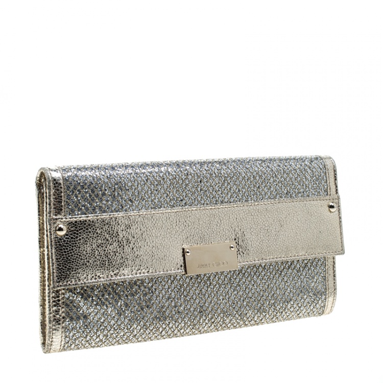 Pre Owned Jimmy Choo Gold Metallic Leather and Glitter Reese Continental Clutch