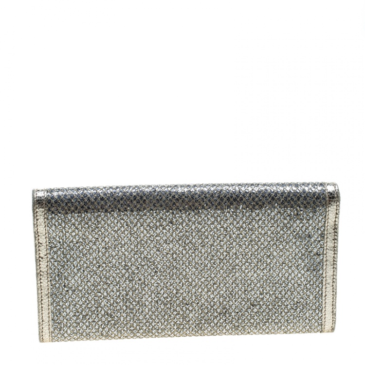 Pre Owned Jimmy Choo Gold Metallic Leather and Glitter Reese Continental Clutch