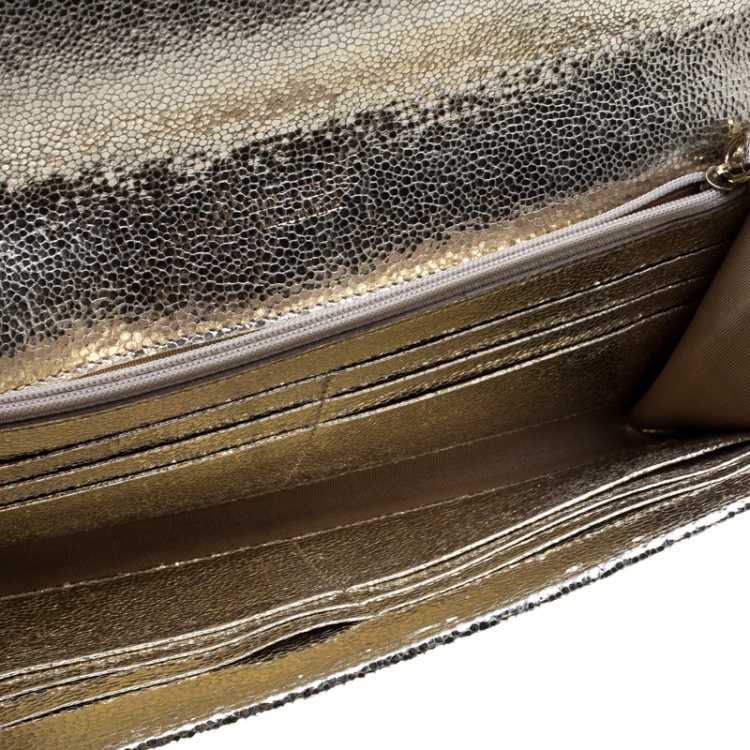 Pre Owned Jimmy Choo Gold Metallic Leather and Glitter Reese Continental Clutch