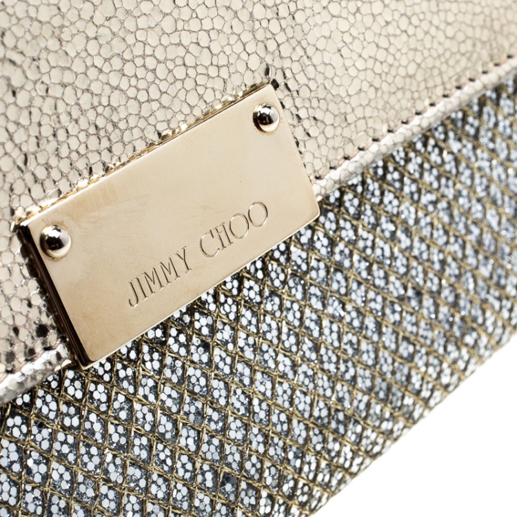 Pre Owned Jimmy Choo Gold Metallic Leather and Glitter Reese Continental Clutch