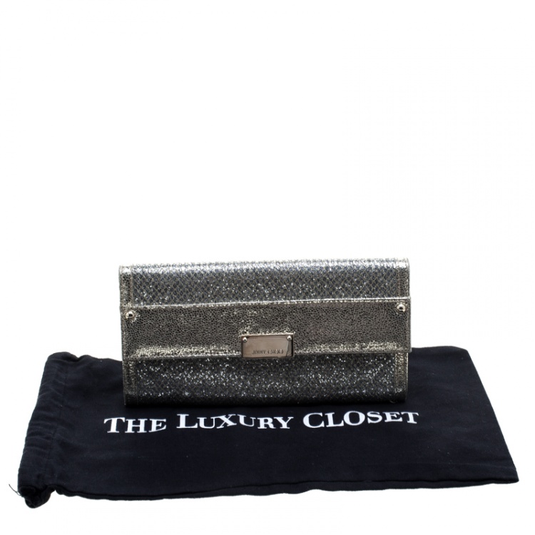 Pre Owned Jimmy Choo Gold Metallic Leather and Glitter Reese Continental Clutch