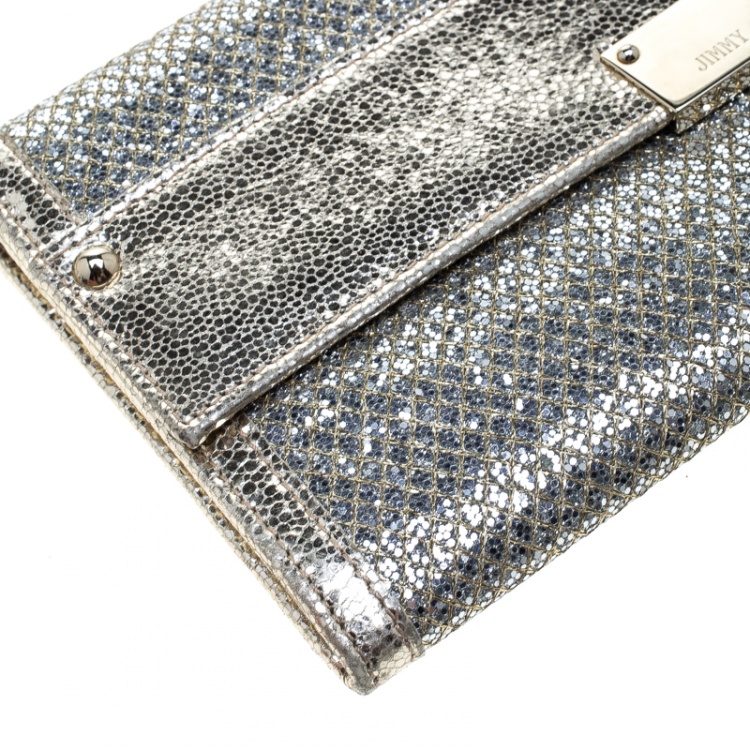 Pre Owned Jimmy Choo Gold Metallic Leather and Glitter Reese Continental Clutch