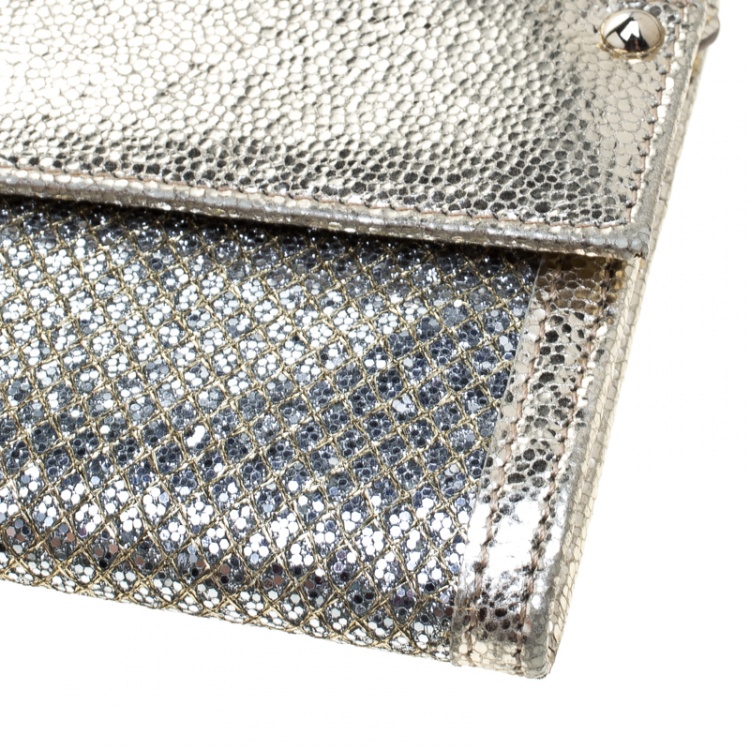Pre Owned Jimmy Choo Gold Metallic Leather and Glitter Reese Continental Clutch