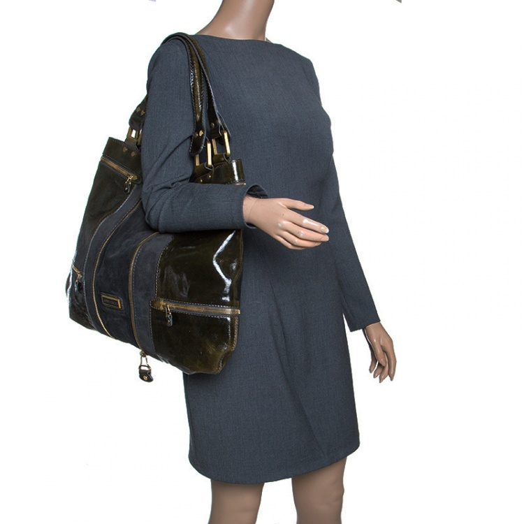 Pre Owned Jimmy Choo Khaki/Black Patent Leather and Suede Large Mona Tote