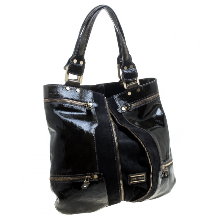 Pre Owned Jimmy Choo Khaki/Black Patent Leather and Suede Large Mona Tote