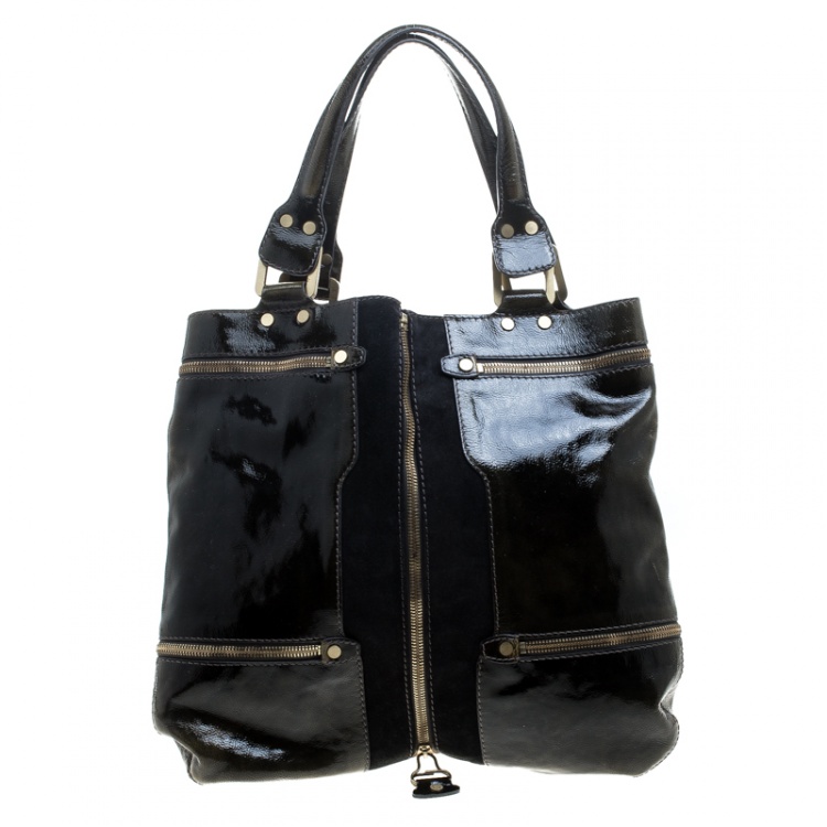 Pre Owned Jimmy Choo Khaki/Black Patent Leather and Suede Large Mona Tote