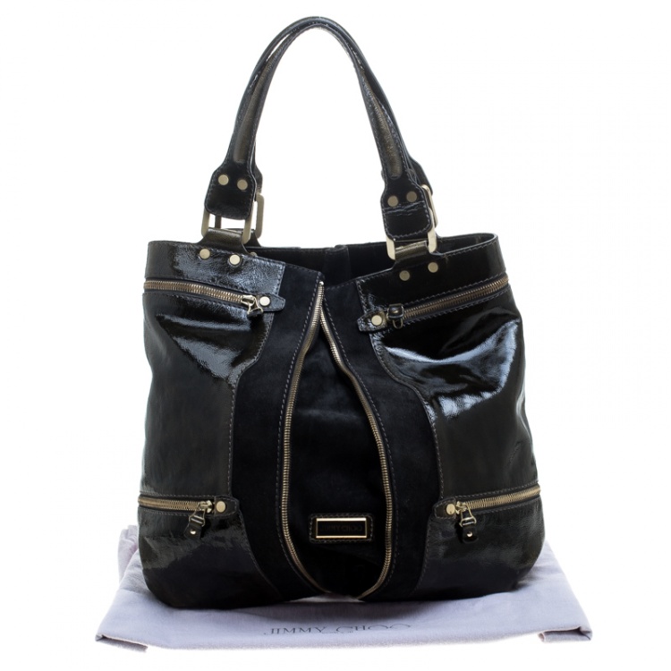 Pre Owned Jimmy Choo Khaki/Black Patent Leather and Suede Large Mona Tote