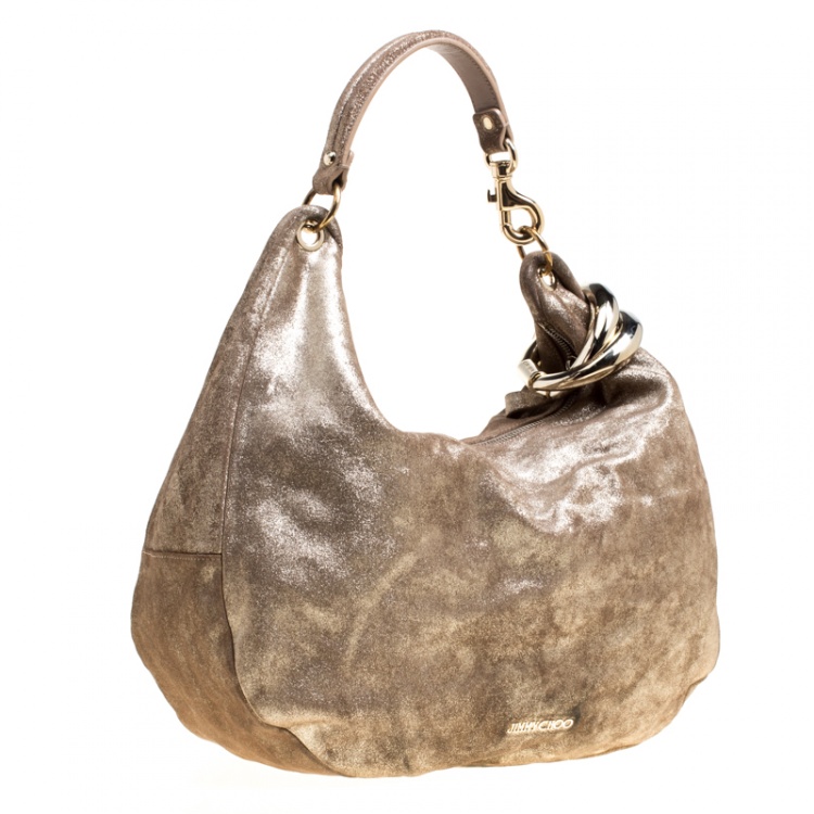 Pre Owned Jimmy Choo Gold Shimmering Leather Large Solar Hobo