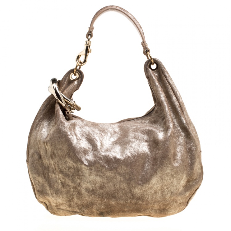 Pre Owned Jimmy Choo Gold Shimmering Leather Large Solar Hobo