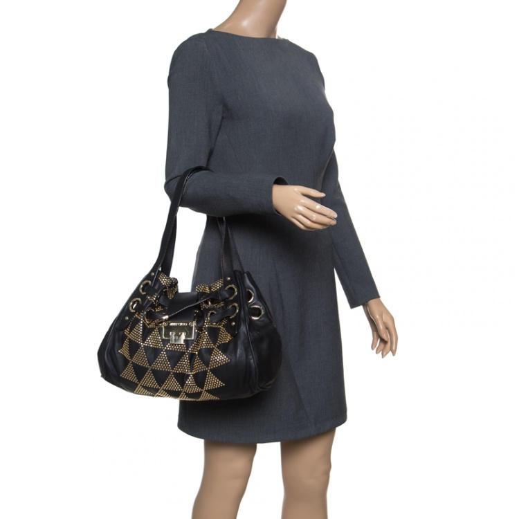 Pre Owned Jimmy Choo Black Leather Pyramid Studded Ramona Shoulder Bag