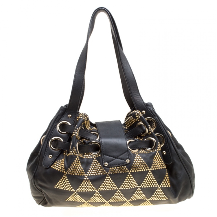 Pre Owned Jimmy Choo Black Leather Pyramid Studded Ramona Shoulder Bag