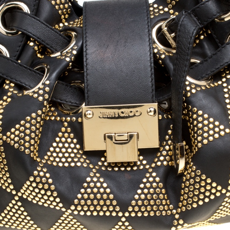 Pre Owned Jimmy Choo Black Leather Pyramid Studded Ramona Shoulder Bag