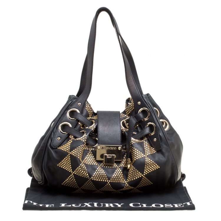 Pre Owned Jimmy Choo Black Leather Pyramid Studded Ramona Shoulder Bag