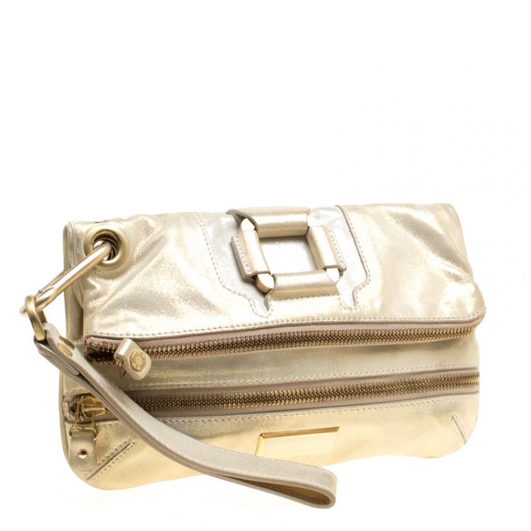 Pre Owned Jimmy Choo Gold Shimmering Leather Mave Foldover Clutch