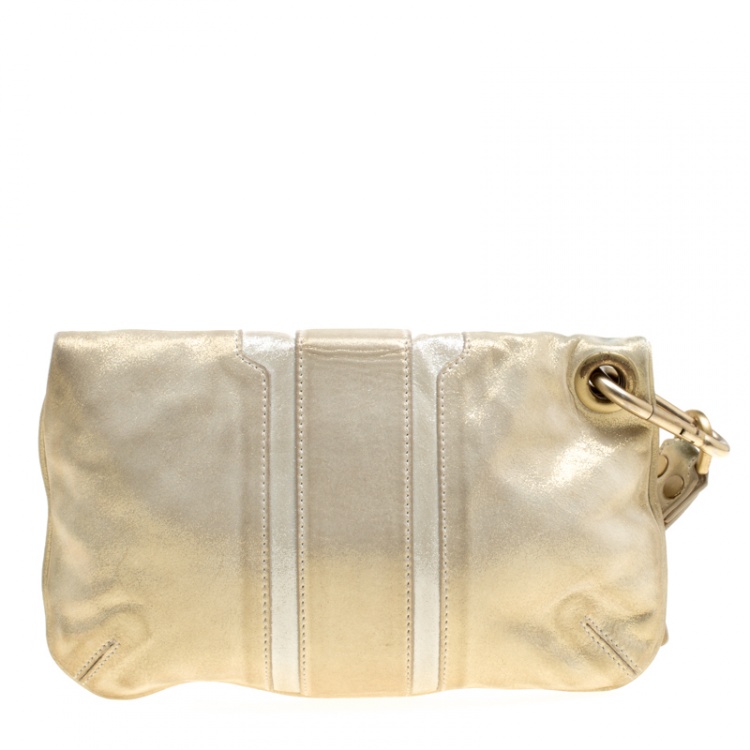 Pre Owned Jimmy Choo Gold Shimmering Leather Mave Foldover Clutch