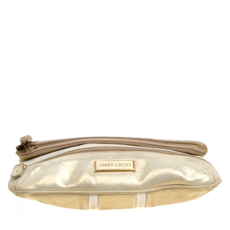 Pre Owned Jimmy Choo Gold Shimmering Leather Mave Foldover Clutch