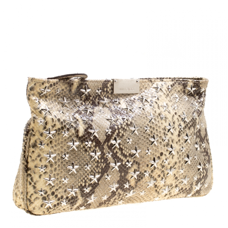 مملوكة مسبقًا Jimmy Choo Beige Python Embossed Leather Star Studded Zulu Clutch