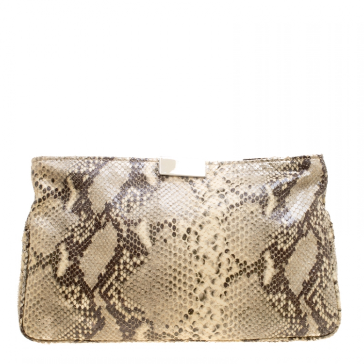 مملوكة مسبقًا Jimmy Choo Beige Python Embossed Leather Star Studded Zulu Clutch
