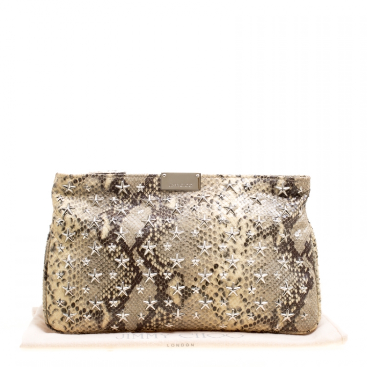 مملوكة مسبقًا Jimmy Choo Beige Python Embossed Leather Star Studded Zulu Clutch