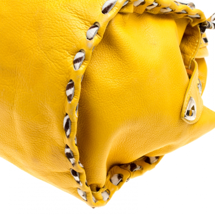 Pre Owned Jimmy Choo Yellow Leather and Calfhair Trim Tote