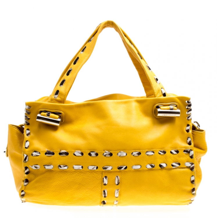 Pre Owned Jimmy Choo Yellow Leather and Calfhair Trim Tote