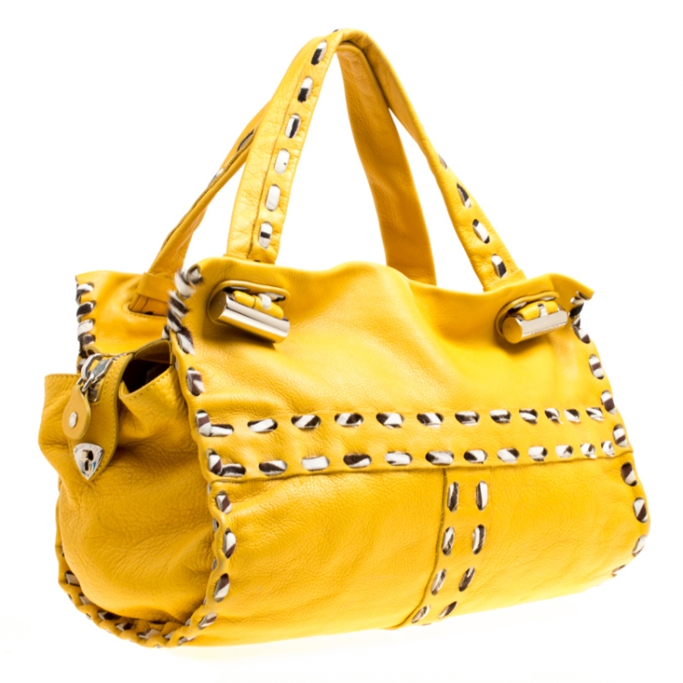 Pre Owned Jimmy Choo Yellow Leather and Calfhair Trim Tote