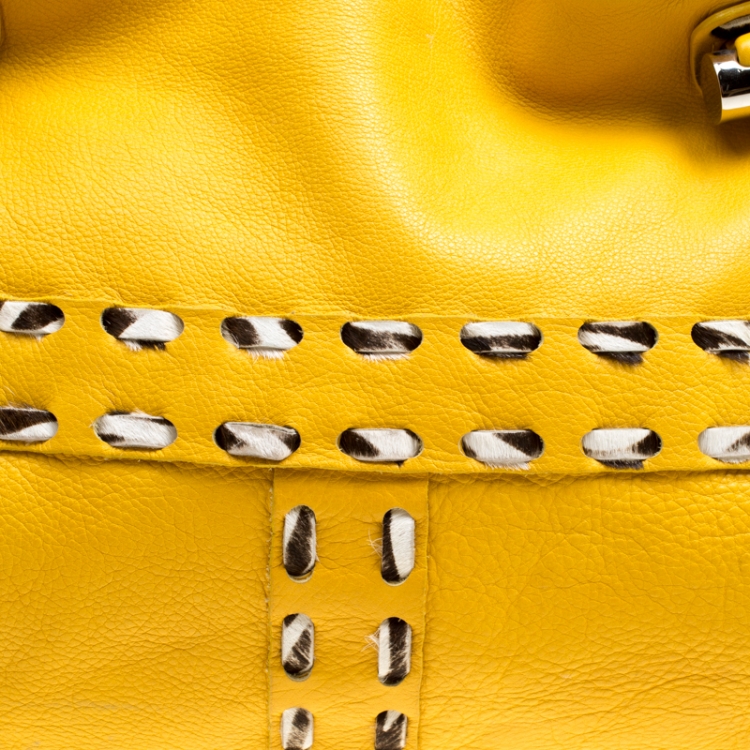Pre Owned Jimmy Choo Yellow Leather and Calfhair Trim Tote