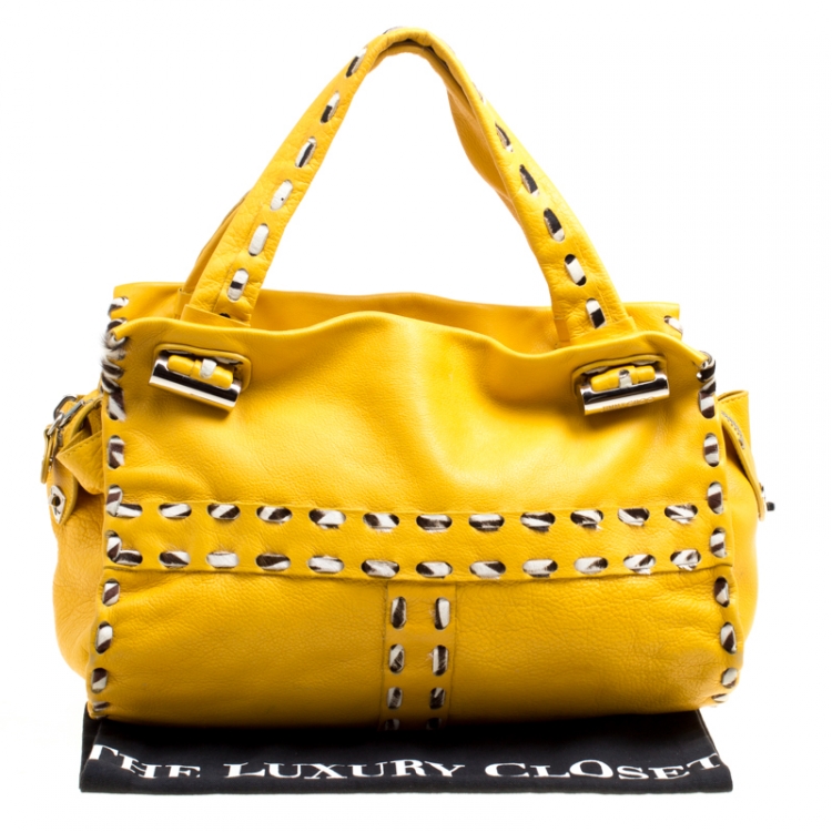 Pre Owned Jimmy Choo Yellow Leather and Calfhair Trim Tote