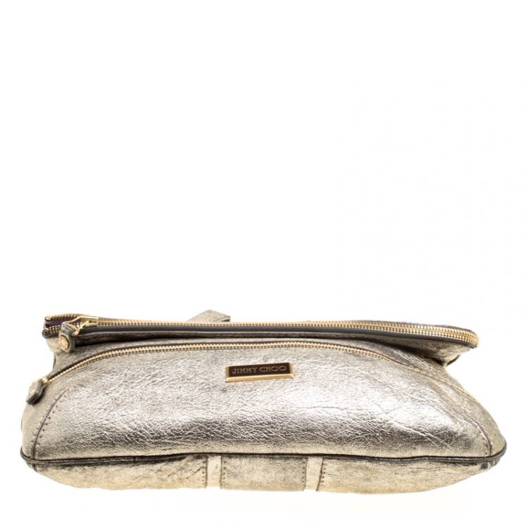 Pre Owned Jimmy Choo Gold Leather Large Mave Foldover Clutch