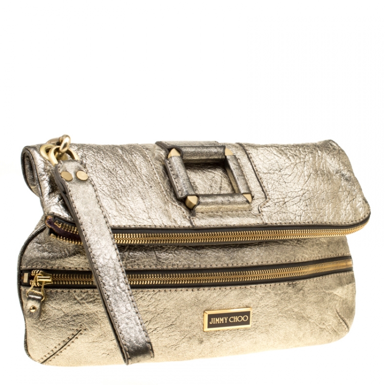 Pre Owned Jimmy Choo Gold Leather Large Mave Foldover Clutch