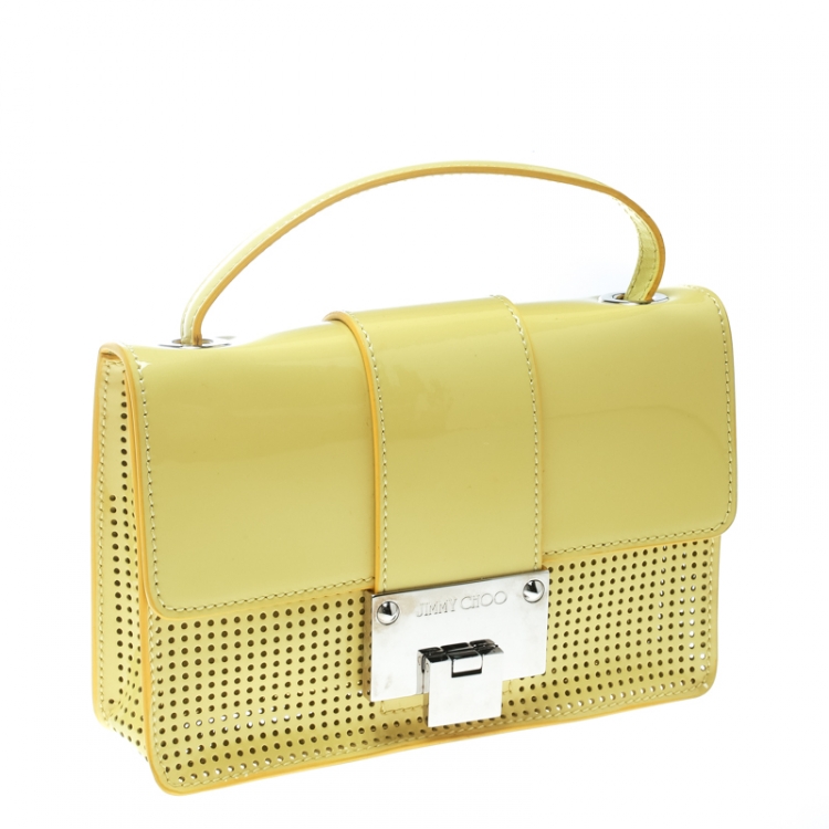 Pre Owned Jimmy Choo Yellow Perforated Patent Leather Rebel Crossbody Bag