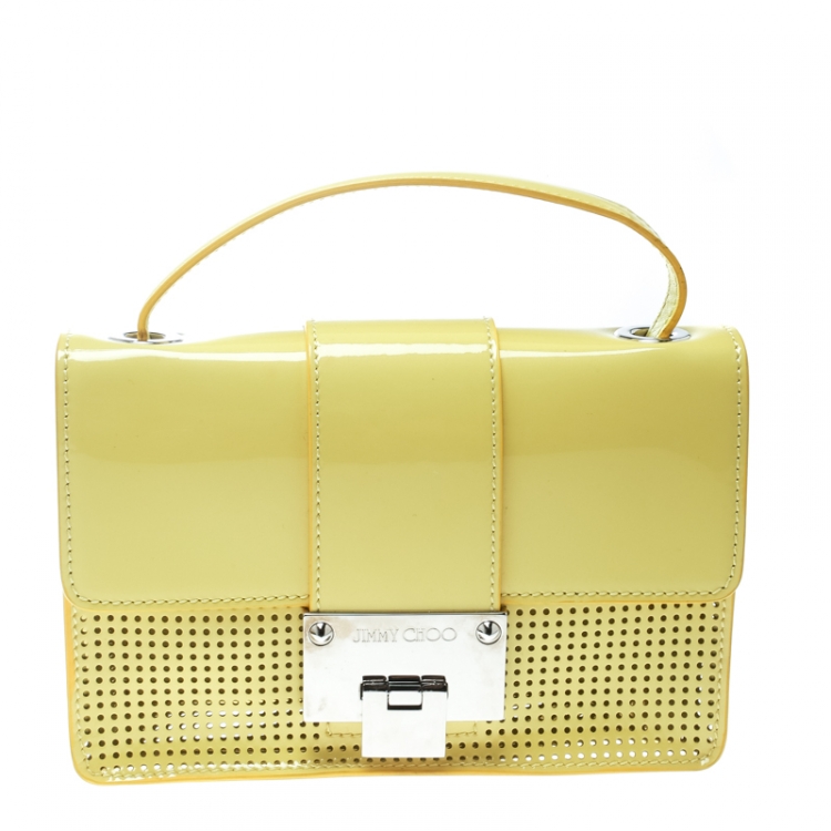 Pre Owned Jimmy Choo Yellow Perforated Patent Leather Rebel Crossbody Bag