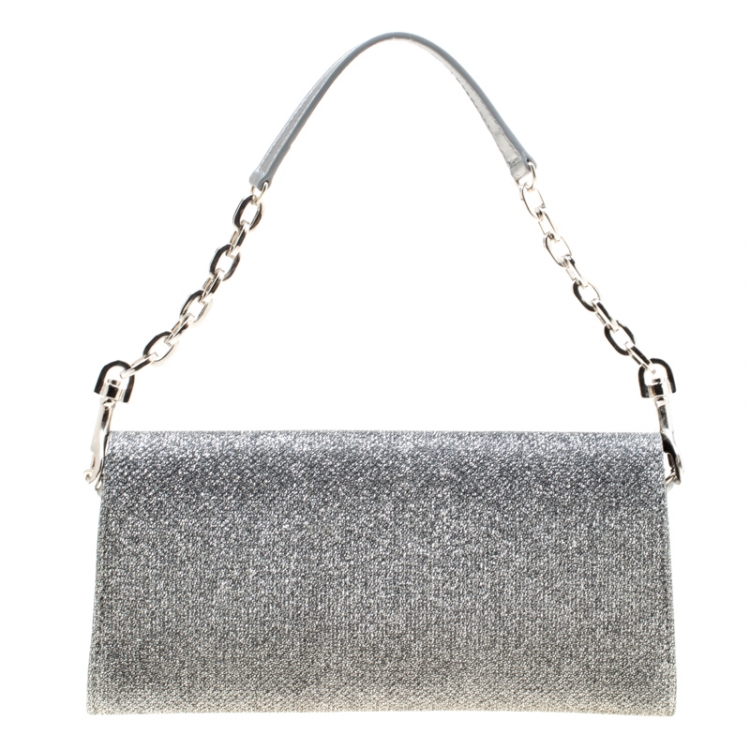 Pre Owned Jimmy Choo Silver Lame Glitter Riane Clutch