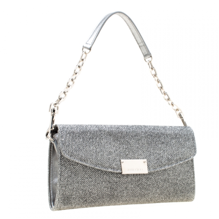 Pre Owned Jimmy Choo Silver Lame Glitter Riane Clutch