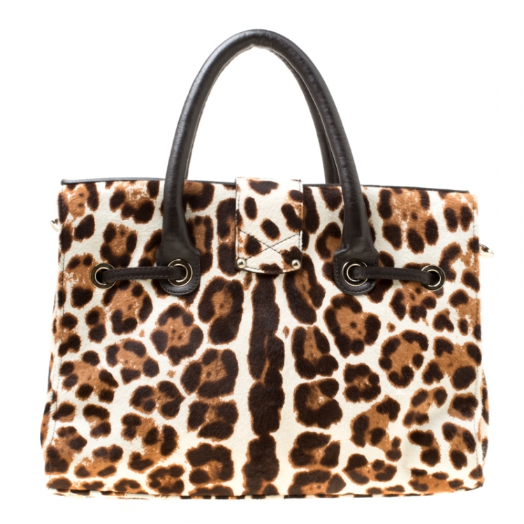 Pre Owned Jimmy Choo Dark Brown Leopard Print Calf Hair Rosalie Top Handle
