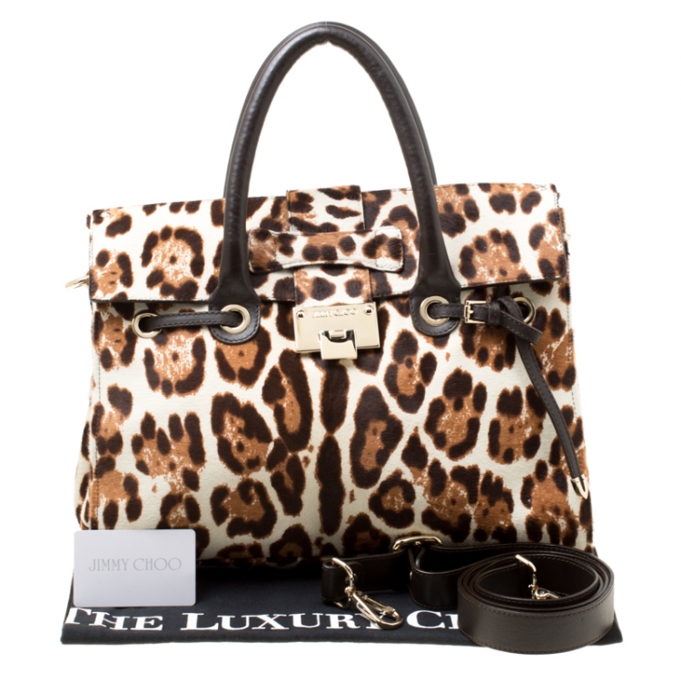 Pre Owned Jimmy Choo Dark Brown Leopard Print Calf Hair Rosalie Top Handle