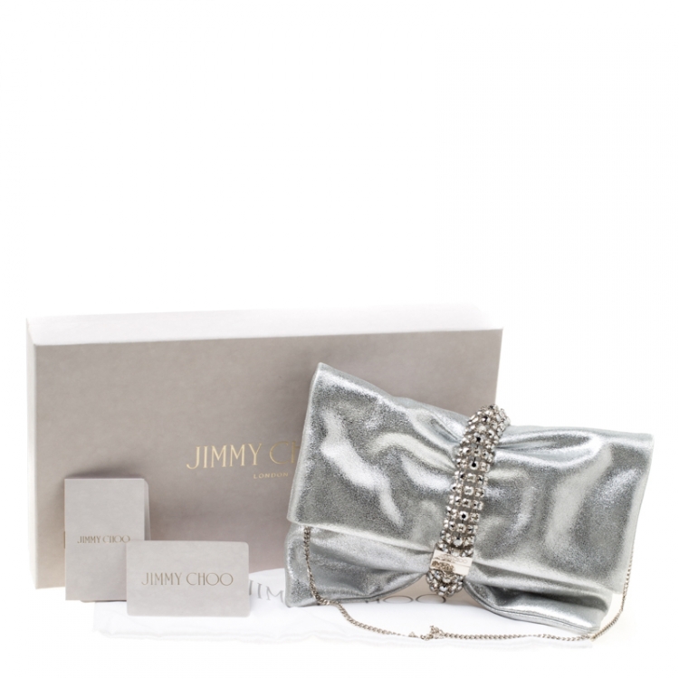 Pre Owned Jimmy Choo Silver Leather Maxi Crystal Bracelet Embellished Chandra Clutch
