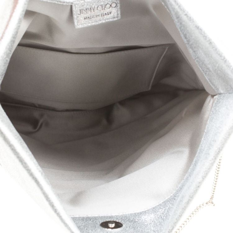 Pre Owned Jimmy Choo Silver Leather Maxi Crystal Bracelet Embellished Chandra Clutch