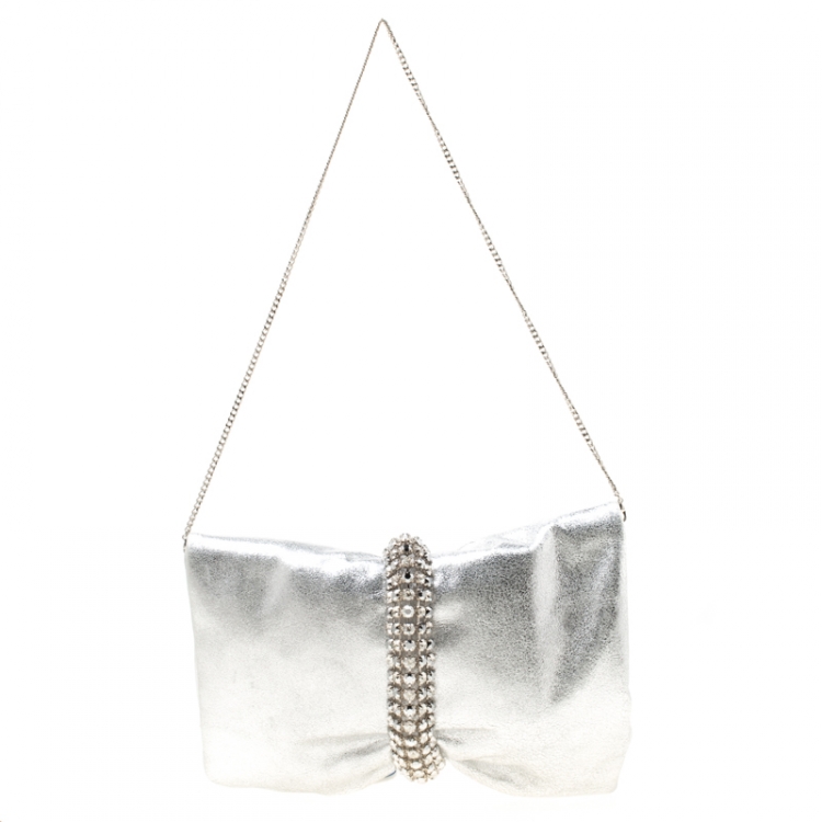 Pre Owned Jimmy Choo Silver Leather Maxi Crystal Bracelet Embellished Chandra Clutch